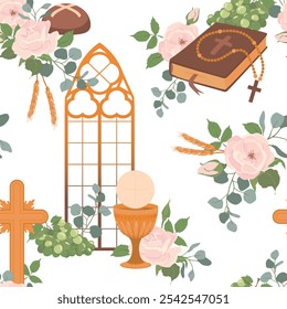 First communion symbols vector background. Golden wine cup, Grail, bread, Bible, rosary, wine, white roses and crucifix. Seamless pattern with Christian symbols. Clipart for holiday invitations.