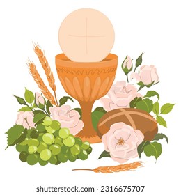 The First communion symbols. Vector. Golden bowl for wine, bread, wine, grapes, white roses. Elements for beautiful invitation design. Festively decorated altar.