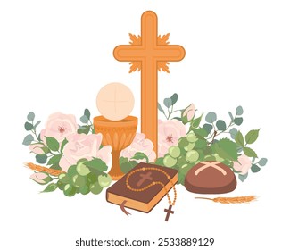 First Communion symbols. Vector. Golden wine cup, bread, bible, rosary, wine, grapes, white roses and crucifix. Elements for beautiful invitation design. Festively decorated altar.