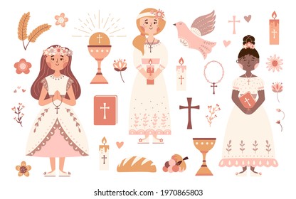 First communion vector set. Little praying girls with Bible, cross and candle. Christian religious symbols. Religious catholic celebration. Chalice, body Christ, grape, bread. 