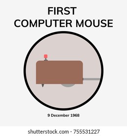 First Computer Mouse. 1968 - 50 Years Of Computer Mouse. Flat Vector Illustration.