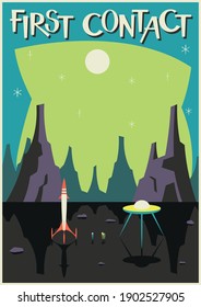 The First Contact Retro Future Poster, Mid Century Modern Style Illustration, Flying Saucer, Space Rocket, Alien Planet