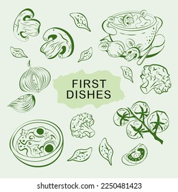 first courses vector hand drawing illustration soup cherry tomatoes mushrooms