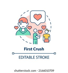 First Crush Concept Icon. Teenage Problem Abstract Idea Thin Line Illustration. Developing Romantic Relationships. Isolated Outline Drawing. Editable Stroke. Arial, Myriad Pro-Bold Fonts Used