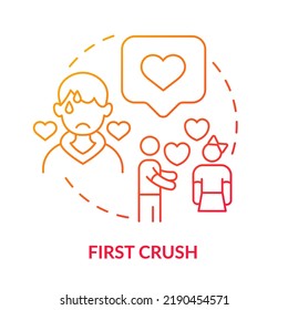 First Crush Red Gradient Concept Icon. Teenage Problem Abstract Idea Thin Line Illustration. Falling In Love. Developing Romantic Relationships. Isolated Outline Drawing. Myriad Pro-Bold Font Used