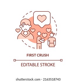 First Crush Terracotta Concept Icon. Teenage Problem Abstract Idea Thin Line Illustration. Develop Romantic Relationships. Isolated Outline Drawing. Editable Stroke. Arial, Myriad Pro-Bold Fonts Used