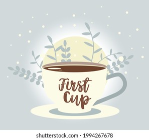 First cup of morning  fresh coffee with leaves on background. Editable vector illustration