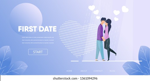 Concepto de primera fecha. Feliz hombre sujete la mano con la ilustración de una mujer vectora de la calle exterior. Noche romántica del novio de la caricatura Kiss Novia Romántica Encuentro Conversación de pareja de amor de la lluvia de luna