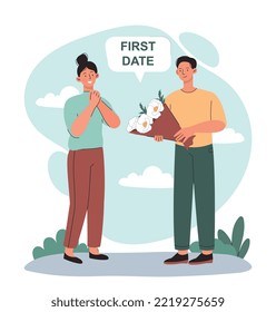 First date concept. Man with flowers stands next to woman. Love, support and care, gift and surprise, young couple in park in nature. Poster or banner for website. Cartoon flat vector illustration