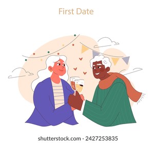 First date. Joyful elderly couple sharing a toast on their first date, celebrating new beginnings. Love's fresh chapter. Flat vector illustration