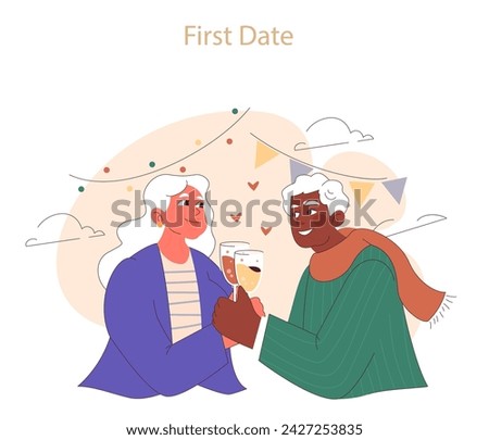 First date. Joyful elderly couple sharing a toast on their first date, celebrating new beginnings. Love's fresh chapter. Flat vector illustration