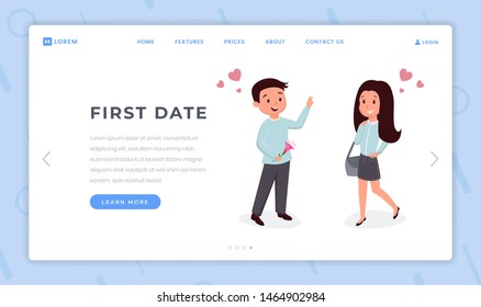 First date landing page flat template. Young love, students romantic feelings, relationships, smiling man with flowers waiting woman cartoon characters. Boy and girl dating website homepage