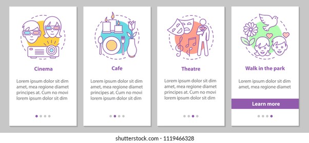 First date onboarding mobile app page screen with linear concepts. Cinema, theater, cafe, park walk steps graphic instructions. UX, UI, GUI vector template with illustrations