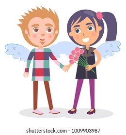 First date teenage couple in angel wings, boy presents flowers to girl, vector illustration Valentine's Day greeting card isolated on white background
