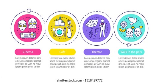 First date vector infographic template. Cinema, theater, cafe, park walk. Presentation design element. Dating and romance. Data visualization steps and options. Process timeline chart. Workflow layout