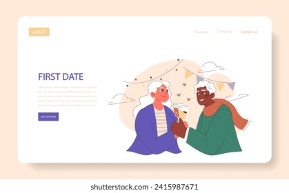 First Date web or landing. Joyful elderly couple sharing a toast on their first date, celebrating new beginnings. Love's fresh chapter. Flat vector illustration