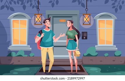 First dating couple talk teen boy girl concept. Vector graphic design illustration
