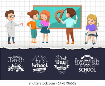 First day after back to best school vector. Pupils happy to see friends and learn new material at lessons. Schoolkids and new subjects as chemistry and geometry. Back to school concept. Flat cartoon