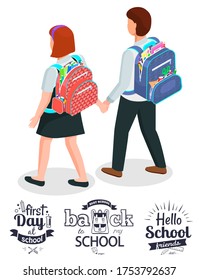 First day after back to best school. Schoolfriends walking to class together and hold thier hands. Bagpacks with study supplies vector illustration