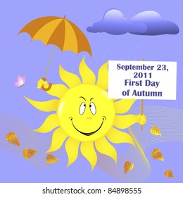 First Day of Autumn. Smiling sun with umbrella and placard. Vector illustration.
