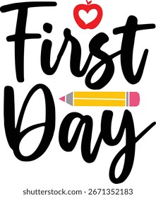 Primeiro dia de volta à escola tipografia clip art design em branco plano fundo isolado transparente para cartão, camisa, capuz, moletom, vestuário, tag, caneca, ícone, cartaz ou distintivo