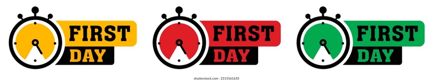 First day banner with timer. First offer label. Countdown of time for spesial offer. Banner for sale promotion. Vector illustration.