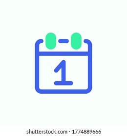 Vector de icono de la página del calendario del primer día, símbolo plano relleno, pictograma bicolor del día del calendario 1, color verde y azul. Símbolo, ilustración de logotipo