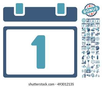 First Day Calendar Page icon with bonus calendar and time management pictures. Vector illustration style is flat iconic bicolor symbols, cyan and blue colors, white background.