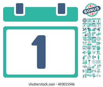 First Day Calendar Page icon with bonus calendar and time management images. Vector illustration style is flat iconic bicolor symbols, cobalt and cyan colors, white background.