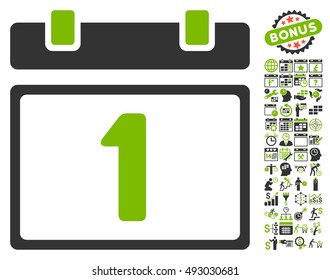 First Day Calendar Page icon with bonus calendar and time management clip art. Vector illustration style is flat iconic bicolor symbols, eco green and gray colors, white background.