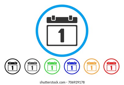 First Day Calendar Page vector rounded icon. Image style is a flat gray icon symbol inside a blue circle. Bonus color versions are gray, black, blue, green, red, orange.