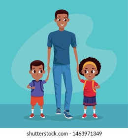 the first day of class and father and children in backgorund blue. vector illustration graphic design.