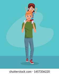 the first day of class and father and daughter in backgorund blue vector illustration graphic design