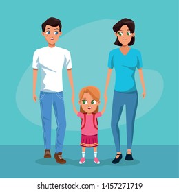 the first day of class and fathers and daughter in backgorund blue vector illustration graphic design