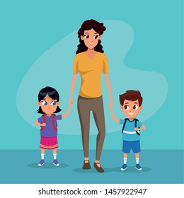 the first day of class and mother and children in backgorund blue vector illustration graphic design