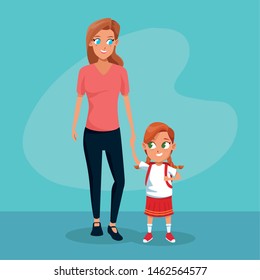 the first day of class and mother and son in backgorund blue vector illustration graphic design