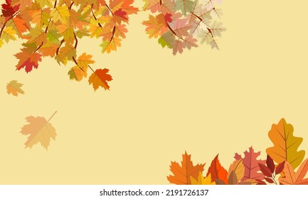 First Day Of Fall Background With Autumn Leaves And Copy Space Area. Suitable To Place On Content With That Theme.