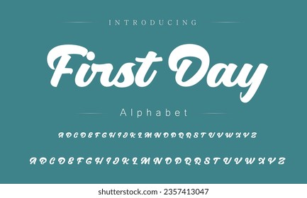 First Day Font. Alphabet. Script. Typeface. Label .Vintage typeface. For labels and different type designs