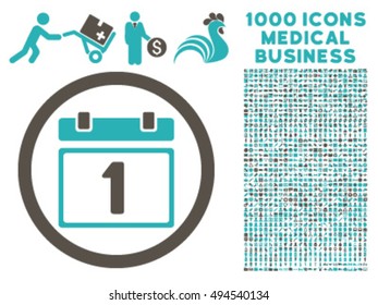 First Day icon with 1000 medical commerce grey and cyan vector pictograms. Collection style is flat bicolor symbols, white background.