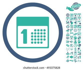 First Day icon with bonus calendar and time management icon set. Vector illustration style is flat iconic bicolor symbols, cobalt and cyan colors, white background.