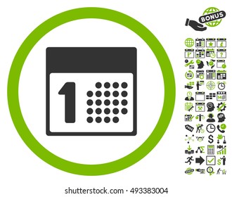 First Day icon with bonus calendar and time management pictogram. Vector illustration style is flat iconic bicolor symbols, eco green and gray colors, white background.
