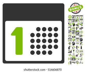 First Day icon with bonus calendar and time management symbols. Vector illustration style is flat iconic bicolor symbols, eco green and gray colors, white background.