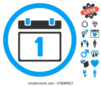 First Day icon with bonus dating pictograph collection. Vector illustration style is flat rounded iconic blue and gray symbols on white background.