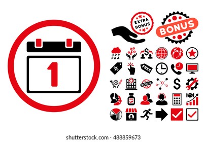 First Day icon with bonus design elements. Vector illustration style is flat iconic bicolor symbols, intensive red and black colors, white background.