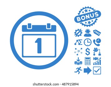 First Day icon with bonus elements. Vector illustration style is flat iconic symbols, cobalt color, white background.