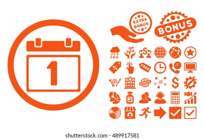 First Day icon with bonus pictures. Vector illustration style is flat iconic symbols, orange color, white background.