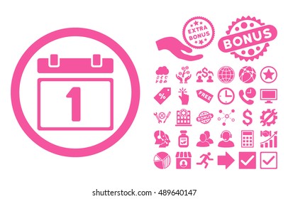 First Day icon with bonus icon set. Vector illustration style is flat iconic symbols, pink color, white background.