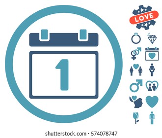 First Day icon with bonus valentine pictures. Vector illustration style is flat rounded iconic cyan and blue symbols on white background.