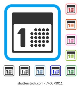 First Day icon. Flat grey iconic symbol inside a light blue rounded squared frame. Black, gray, green, blue, red, orange color versions of First Day vector. Designed for web and app user interface.