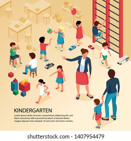 First Day Kindergarten Activities Isometric Composition With Teacher Parent With Child Playing Kids Poster Text Vector Illustration  